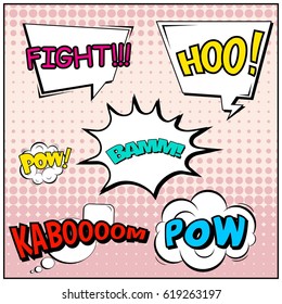 Abstract creative concept comic pop art style blank, layout template with clouds beams and isolated dots background. For sale banner, empty speech bubble set, vector illustration halftone book design