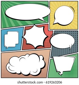 Abstract creative concept comic pop art style blank, layout template with clouds beams and isolated dots background. For sale banner, empty speech bubble set, vector illustration halftone book design