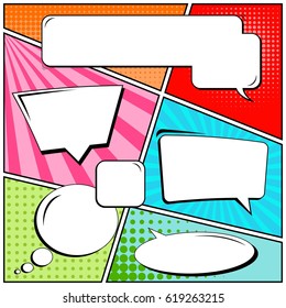 Abstract creative concept comic pop art style blank, layout template with clouds beams and isolated dots background. For sale banner, empty speech bubble set, vector illustration halftone book design