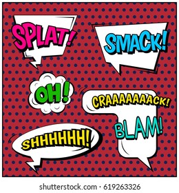 Abstract creative concept comic pop art style blank, layout template with clouds beams and isolated dots background. For sale banner, empty speech bubble set, vector illustration halftone book design