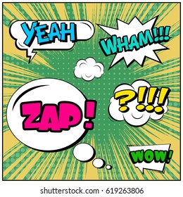 Abstract creative concept comic pop art style blank, layout template with clouds beams and isolated dots background. For sale banner, empty speech bubble set, vector illustration halftone book design