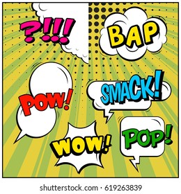 Abstract creative concept comic pop art style blank, layout template with clouds beams and isolated dots background. For sale banner, empty speech bubble set, vector illustration halftone book design