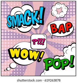 Abstract creative concept comic pop art style blank, layout template with clouds beams and isolated dots background. For sale banner, empty speech bubble set, vector illustration halftone book design