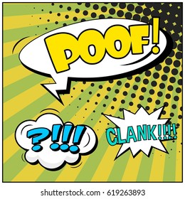 Abstract creative concept comic pop art style blank, layout template with clouds beams and isolated dots background. For sale banner, empty speech bubble set, vector illustration halftone book design