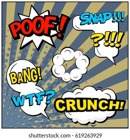 Abstract creative concept comic pop art style blank, layout template with clouds beams and isolated dots background. For sale banner, empty speech bubble set, vector illustration halftone book design