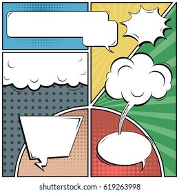 Abstract creative concept comic pop art style blank, layout template with clouds beams and isolated dots background. For sale banner, empty speech bubble set, vector illustration halftone book design