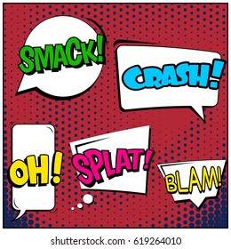 Abstract creative concept comic pop art style blank, layout template with clouds beams and isolated dots background. For sale banner, empty speech bubble set, vector illustration halftone book design