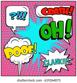 Abstract creative concept comic pop art style blank, layout template with clouds beams and isolated dots background. For sale banner, empty speech bubble set, vector illustration halftone book design