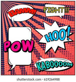Abstract creative concept comic pop art style blank, layout template with clouds beams and isolated dots background. For sale banner, empty speech bubble set, vector illustration halftone book design