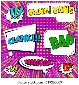 Abstract creative concept comic pop art style blank, layout template with clouds beams and isolated dots background. For sale banner, empty speech bubble set, vector illustration halftone book design