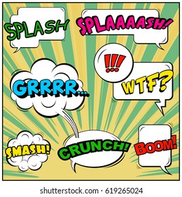 Abstract creative concept comic pop art style blank, layout template with clouds beams and isolated dots background. For sale banner, empty speech bubble set, vector illustration halftone book design