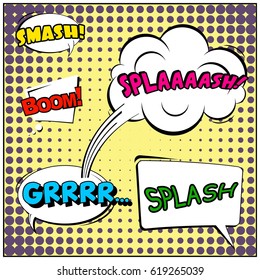 Abstract creative concept comic pop art style blank, layout template with clouds beams and isolated dots background. For sale banner, empty speech bubble set, vector illustration halftone book design
