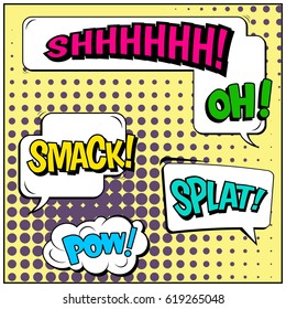 Abstract creative concept comic pop art style blank, layout template with clouds beams and isolated dots background. For sale banner, empty speech bubble set, vector illustration halftone book design