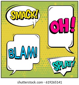 Abstract creative concept comic pop art style blank, layout template with clouds beams and isolated dots background. For sale banner, empty speech bubble set, vector illustration halftone book design