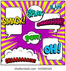 Abstract creative concept comic pop art style blank, layout template with clouds beams and isolated dots background. For sale banner, empty speech bubble set, vector illustration halftone book design
