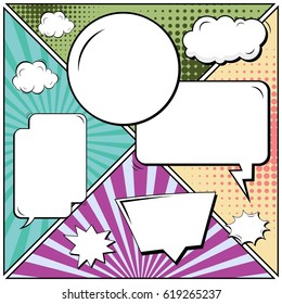 Abstract creative concept comic pop art style blank, layout template with clouds beams and isolated dots background. For sale banner, empty speech bubble set, vector illustration halftone book design