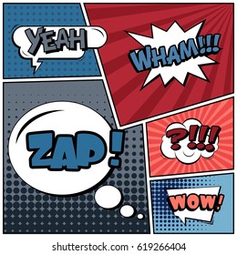 Abstract creative concept comic pop art style blank, layout template with clouds beams and isolated dots background. For sale banner, empty speech bubble set, vector illustration halftone book design