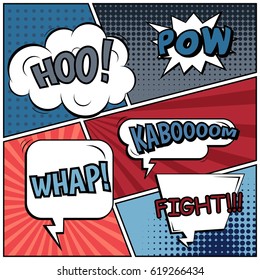 Abstract creative concept comic pop art style blank, layout template with clouds beams and isolated dots background. For sale banner, empty speech bubble set, vector illustration halftone book design