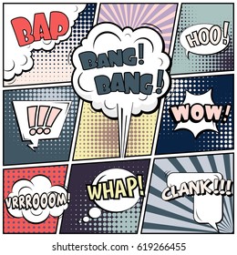 Abstract creative concept comic pop art style blank, layout template with clouds beams and isolated dots background. For sale banner, empty speech bubble set, vector illustration halftone book design