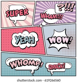 Abstract creative concept comic pop art style blank, layout template with clouds beams and isolated dots background. For sale banner, empty speech bubble set, vector illustration halftone book design