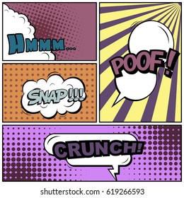 Abstract creative concept comic pop art style blank, layout template with clouds beams and isolated dots background. For sale banner, empty speech bubble set, vector illustration halftone book design