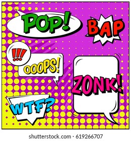 Abstract creative concept comic pop art style blank, layout template with clouds beams and isolated dots background. For sale banner, empty speech bubble set, vector illustration halftone book design