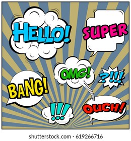 Abstract creative concept comic pop art style blank, layout template with clouds beams and isolated dots background. For sale banner, empty speech bubble set, vector illustration halftone book design