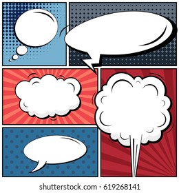 Abstract creative concept comic pop art style blank, layout template with clouds beams and isolated dots background. For sale banner, empty speech bubble set, vector illustration halftone book design