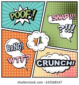 Abstract creative concept comic pop art style blank, layout template with clouds beams and isolated dots background. For sale banner, empty speech bubble set, vector illustration halftone book design