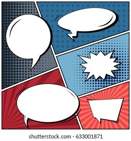 Abstract creative concept comic pop art style blank, layout template with clouds beams and isolated dots background. For sale banner, empty speech bubble set, vector illustration halftone book design