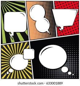 Abstract creative concept comic pop art style blank, layout template with clouds beams and isolated dots background. For sale banner, empty speech bubble set, vector illustration halftone book design