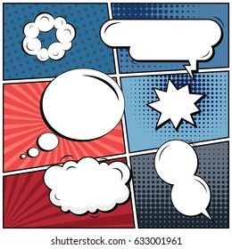 Abstract creative concept comic pop art style blank, layout template with clouds beams and isolated dots background. For sale banner, empty speech bubble set, vector illustration halftone book design