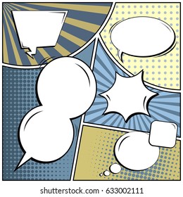 Abstract creative concept comic pop art style blank, layout template with clouds beams and isolated dots background. For sale banner, empty speech bubble set, vector illustration halftone book design