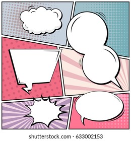 Abstract creative concept comic pop art style blank, layout template with clouds beams and isolated dots background. For sale banner, empty speech bubble set, vector illustration halftone book design