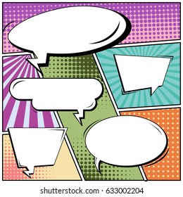 Abstract creative concept comic pop art style blank, layout template with clouds beams and isolated dots background. For sale banner, empty speech bubble set, vector illustration halftone book design
