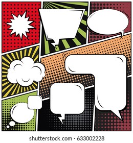 Abstract creative concept comic pop art style blank, layout template with clouds beams and isolated dots background. For sale banner, empty speech bubble set, vector illustration halftone book design