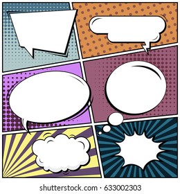 Abstract creative concept comic pop art style blank, layout template with clouds beams and isolated dots background. For sale banner, empty speech bubble set, vector illustration halftone book design