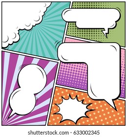 Abstract creative concept comic pop art style blank, layout template with clouds beams and isolated dots background. For sale banner, empty speech bubble set, vector illustration halftone book design