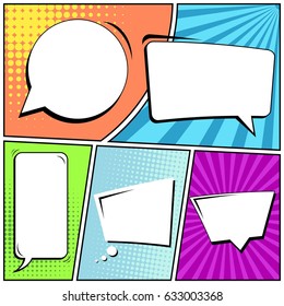 Abstract creative concept comic pop art style blank, layout template with clouds beams and isolated dots background. For sale banner, empty speech bubble set, vector illustration halftone book design