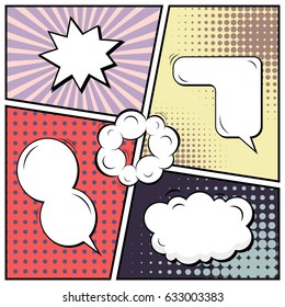 Abstract creative concept comic pop art style blank, layout template with clouds beams and isolated dots background. For sale banner, empty speech bubble set, vector illustration halftone book design