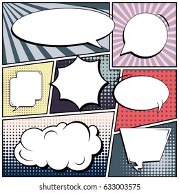 Abstract creative concept comic pop art style blank, layout template with clouds beams and isolated dots background. For sale banner, empty speech bubble set, vector illustration halftone book design