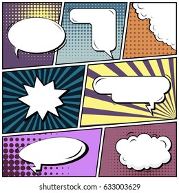 Abstract creative concept comic pop art style blank, layout template with clouds beams and isolated dots background. For sale banner, empty speech bubble set, vector illustration halftone book design
