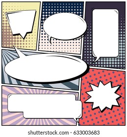 Abstract creative concept comic pop art style blank, layout template with clouds beams and isolated dots background. For sale banner, empty speech bubble set, vector illustration halftone book design