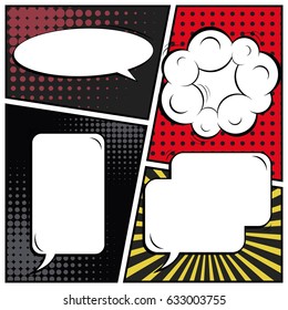 Abstract creative concept comic pop art style blank, layout template with clouds beams and isolated dots background. For sale banner, empty speech bubble set, vector illustration halftone book design