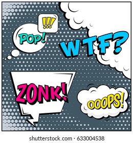 Abstract creative concept comic pop art style blank, layout template with clouds beams and isolated dots background. For sale banner, empty speech bubble set, vector illustration halftone book design