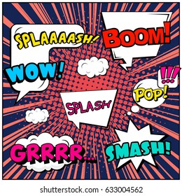 Abstract creative concept comic pop art style blank, layout template with clouds beams and isolated dots background. For sale banner, empty speech bubble set, vector illustration halftone book design