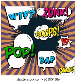Abstract creative concept comic pop art style blank, layout template with clouds beams and isolated dots background. For sale banner, empty speech bubble set, vector illustration halftone book design