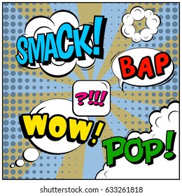 Abstract creative concept comic pop art style blank, layout template with clouds beams and isolated dots background. For sale banner, empty speech bubble set, vector illustration halftone book design
