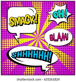 Abstract creative concept comic pop art style blank, layout template with clouds beams and isolated dots background. For sale banner, empty speech bubble set, vector illustration halftone book design