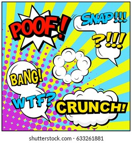 Abstract creative concept comic pop art style blank, layout template with clouds beams and isolated dots background. For sale banner, empty speech bubble set, vector illustration halftone book design